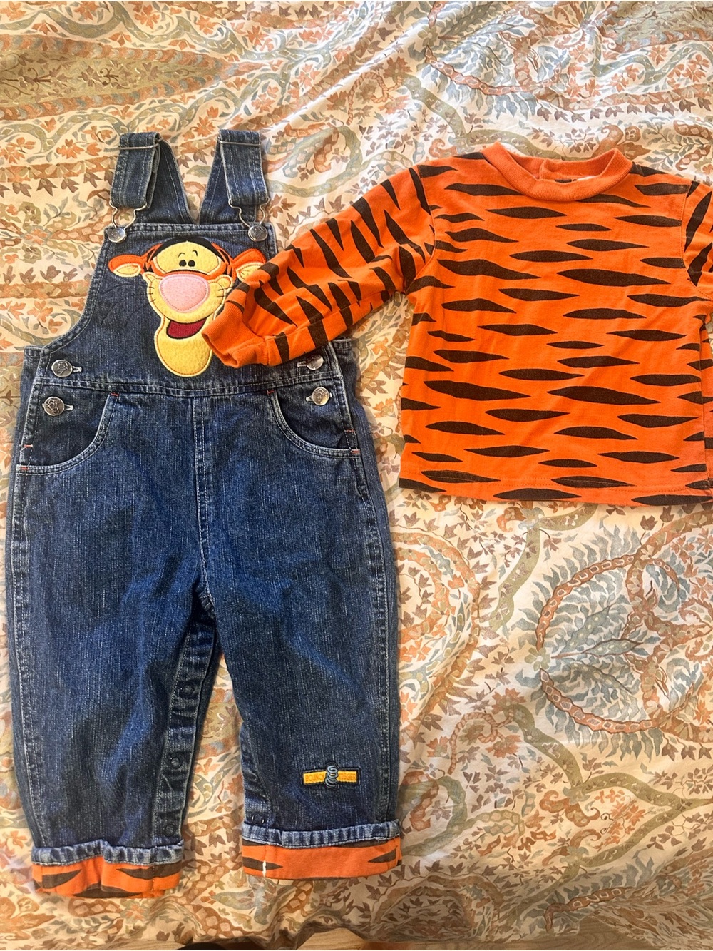 Vintage Disney Orange Tiger-Stripe Top with Blue Denim Tigger Overalls